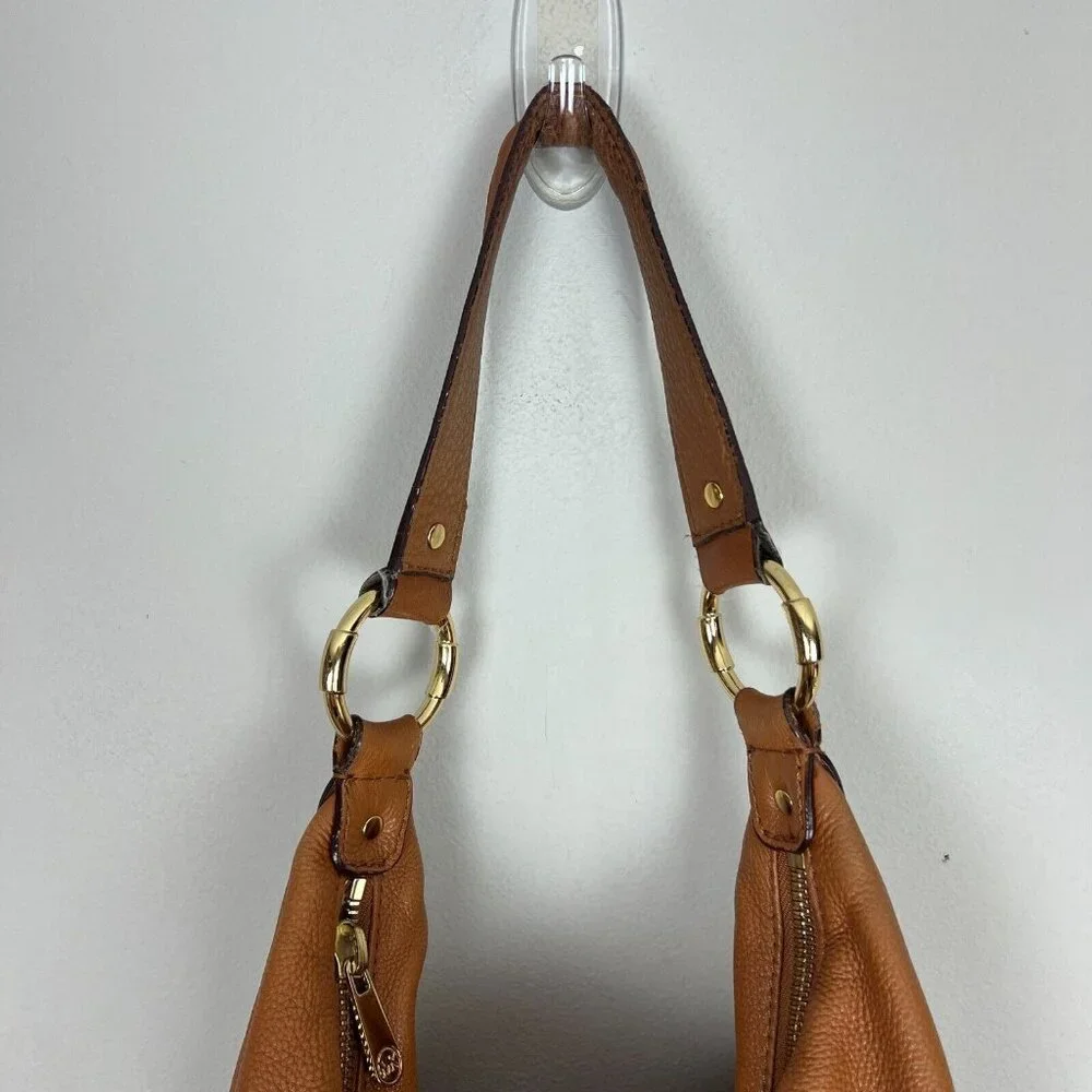 Michael Kors Leather Hobo Handbag Shoulder Bag Gold Plated Hardware Fulton Brown